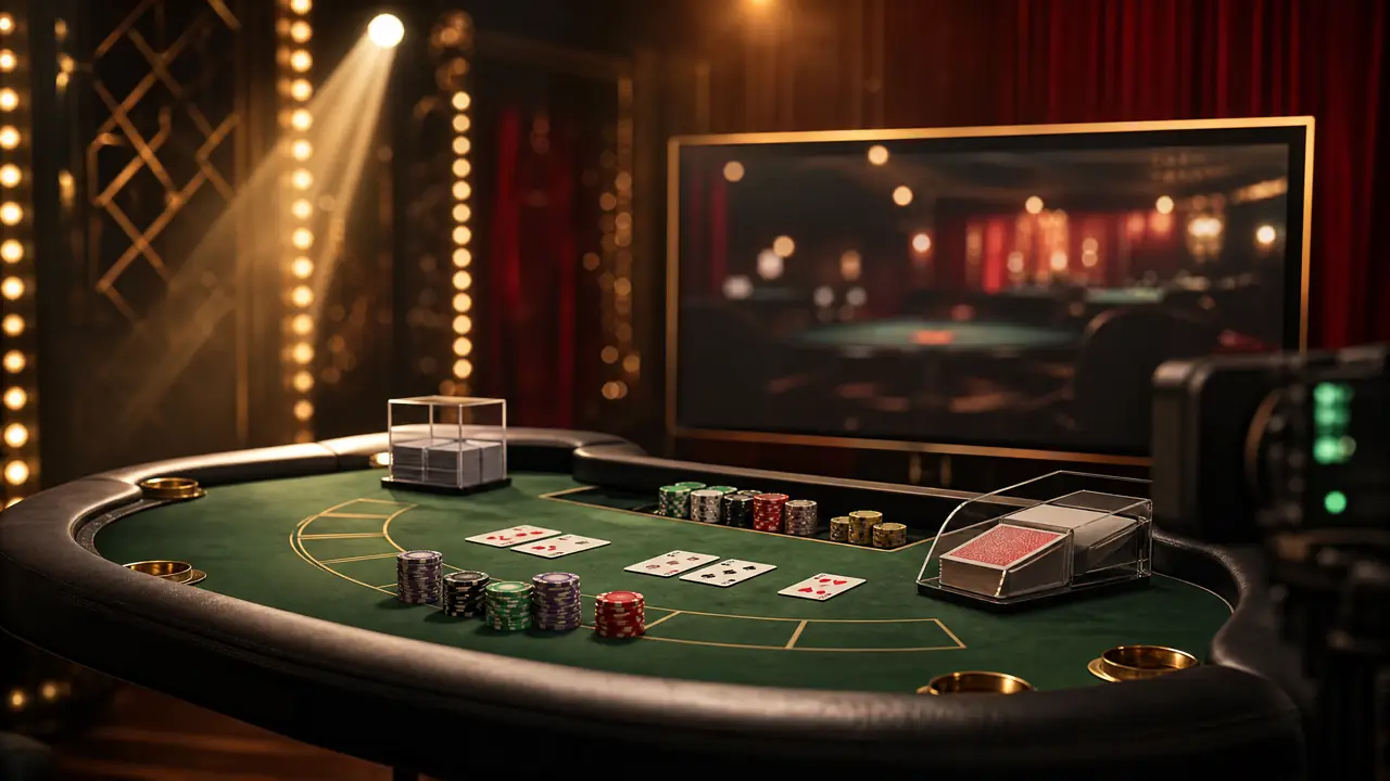 Ilustrasi meja live casino dengan kartu dan chip di studio siaran langsung