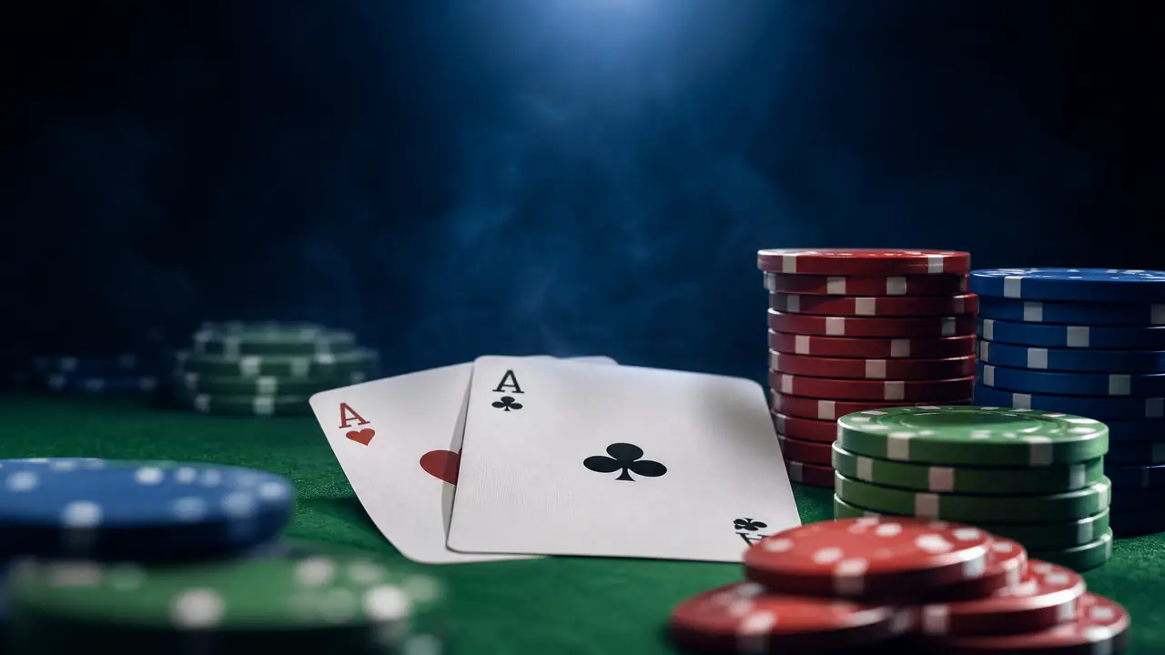 Ilustrasi dua kartu as dan tumpukan chip poker di meja hijau