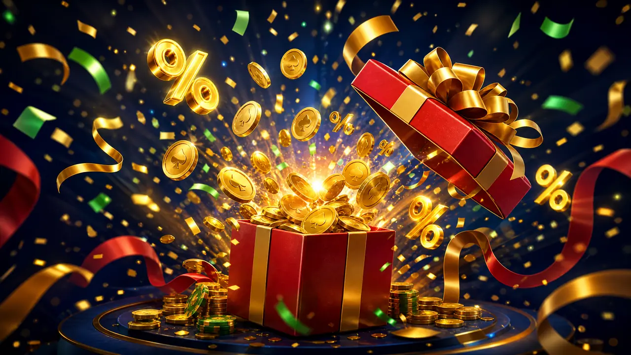 Ilustrasi kotak hadiah merah dengan koin emas dan pita bonus