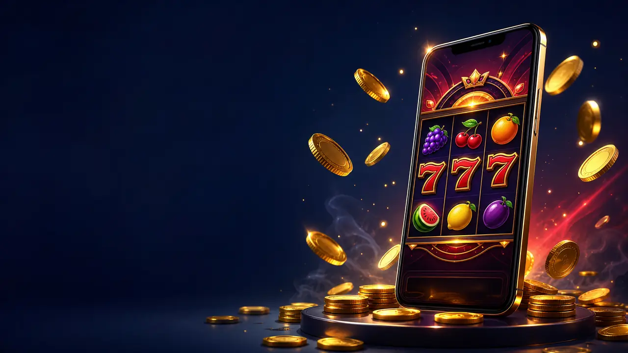 Ilustrasi ponsel menampilkan permainan slot online dengan koin emas