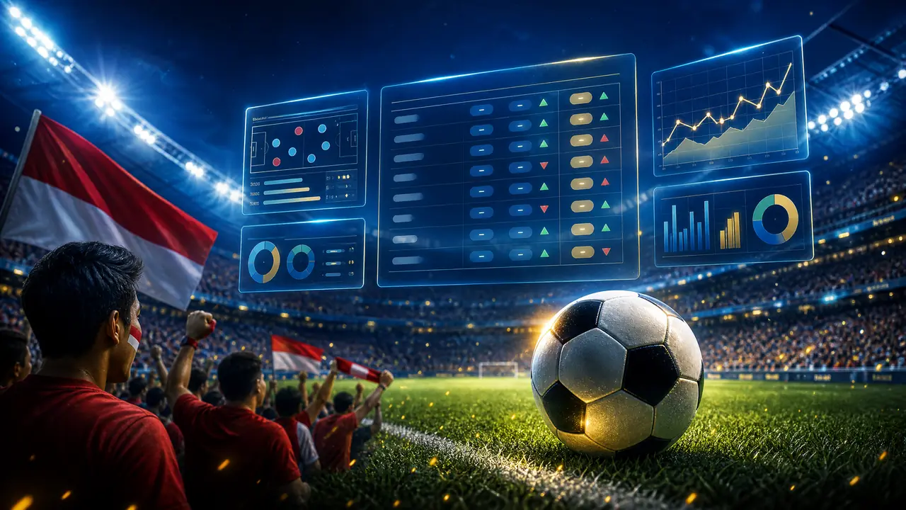 Ilustrasi stadion sepak bola malam hari dengan panel odds holografis